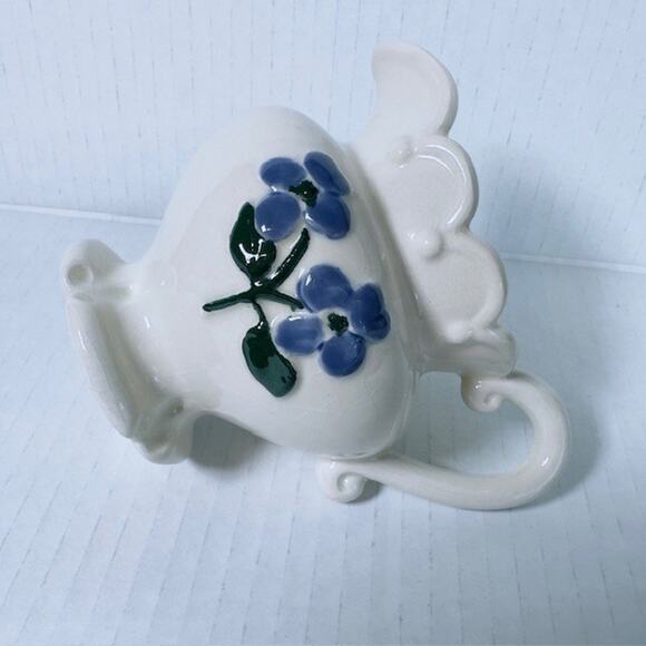 Vintage Folk Art Creamer/ Small Pitcher Ceramic Hand Painted White w/Blue Flower - Picture 12 of 12